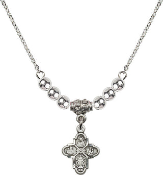 18" Rhodium Plated Necklace with 4mm Sterling Silver Beads featuring a Sterling Silver 4-Way Medal.