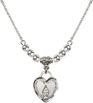 18" Rhodium Plated Necklace with 4mm Sterling Silver Beads featuring a Sterling Silver Miraculous Heart Medal. Engraved Catholic Saint Jewelry