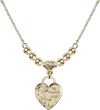 18" Hamilton Gold Plated Necklace with 4mm 14kt Gold Filled Beads featuring a 14kt Gold Filled Guardian Angel Heart Medal. Engraved Catholic Saint Jewelry