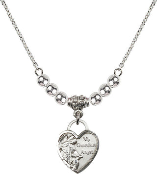 18" Rhodium Plated Necklace with 4mm Sterling Silver Beads featuring a Sterling Silver Guardian Angel Heart Medal. Engraved Catholic Saint Jewelry
