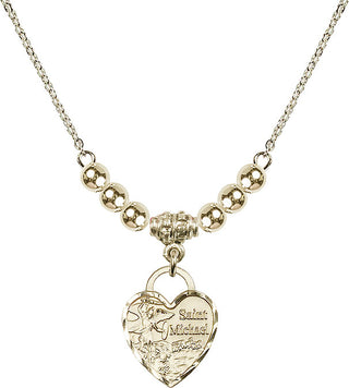 18" Hamilton Gold Plated Necklace with 4mm 14kt Gold Filled Beads featuring a 14kt Gold Filled Saint Michael Heart Medal. Engraved Catholic Saint Jewelry
