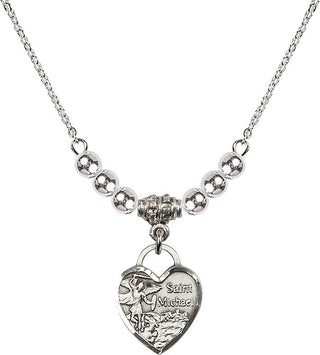 18" Rhodium Plated Necklace with 4mm Sterling Silver Beads featuring a Sterling Silver Saint Michael Heart Medal. Engraved Catholic Saint Jewelry