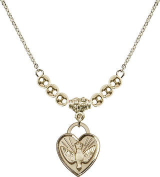 18" Hamilton Gold Plated Necklace with 4mm 14kt Gold Filled Beads featuring a 14kt Gold Filled Confirmation Heart Medal. Engraved Catholic Saint Jewelry