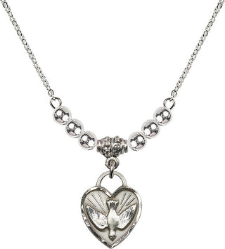 18" Rhodium Plated Necklace with 4mm Sterling Silver Beads featuring a Sterling Silver Confirmation Heart Medal. Engraved Catholic Saint Jewelry