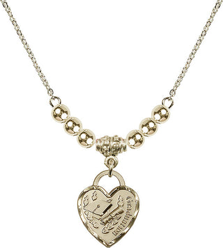 18" Hamilton Gold Plated Necklace with 4mm 14kt Gold Filled Beads featuring a 14kt Gold Filled Graduation Heart Medal. Engraved Catholic Saint Jewelry