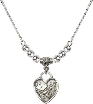 18" Rhodium Plated Necklace with 4mm Sterling Silver Beads featuring a Sterling Silver Graduation Heart Medal. Engraved Catholic Saint Jewelry