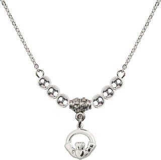 18" Rhodium Plated Necklace with 4mm Sterling Silver Beads featuring a Sterling Silver Claddagh Medal.