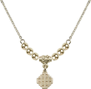 18" Hamilton Gold Plated Necklace with 4mm 14kt Gold Filled Beads featuring a 14kt Gold Filled Jerusalem Cross Medal.