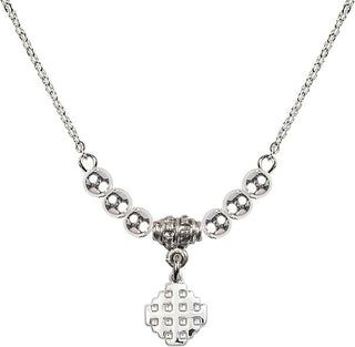 18" Rhodium Plated Necklace with 4mm Sterling Silver Beads featuring a Sterling Silver Jerusalem Cross Medal.