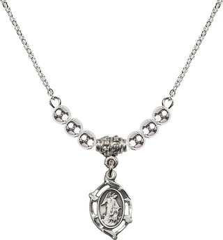 18" Rhodium Plated Necklace with 4mm Sterling Silver Beads featuring a Sterling Silver Guardian Angel Medal.