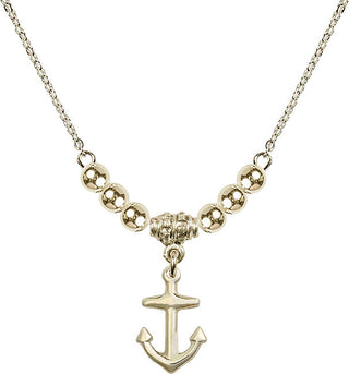 18" Hamilton Gold Plated Necklace with 4mm 14kt Gold Filled Beads featuring a 14kt Gold Filled Anchor Medal.