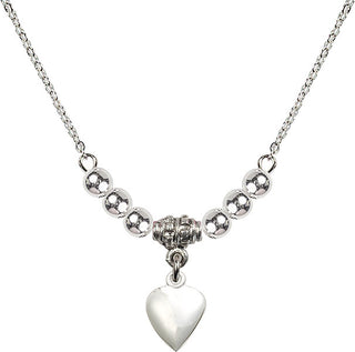 18" Rhodium Plated Necklace with 4mm Sterling Silver Beads featuring a Sterling Silver Heart Medal.