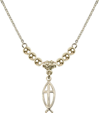 18" Hamilton Gold Plated Necklace with 4mm 14kt Gold Filled Beads featuring a 14kt Gold Filled Fish / Cross Medal.