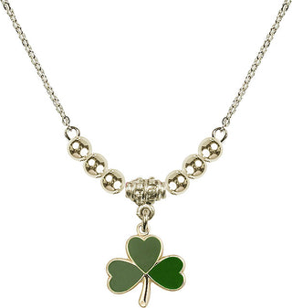 18" Hamilton Gold Plated Necklace with 4mm 14kt Gold Filled Beads featuring a 14kt Gold Filled Shamrock Medal.