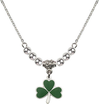 18" Rhodium Plated Necklace with 4mm Sterling Silver Beads featuring a Sterling Silver Shamrock Medal.