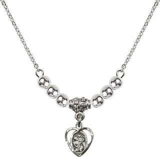 18" Rhodium Plated Necklace with 4mm Sterling Silver Beads featuring a Sterling Silver Saint Christopher Medal. Engraved Catholic Saint Jewelry