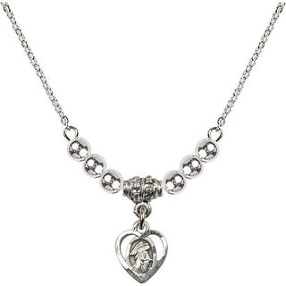 18" Rhodium Plated Necklace with 4mm Sterling Silver Beads featuring a Sterling Silver Guardian Angel Medal. Engraved Catholic Saint Jewelry