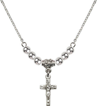 18" Rhodium Plated Necklace with 4mm Sterling Silver Beads featuring a Sterling Silver Crucifix Medal.