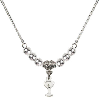 18" Rhodium Plated Necklace with 4mm Sterling Silver Beads featuring a Sterling Silver Chalice Medal.
