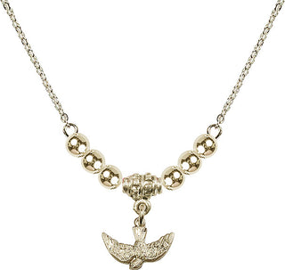 18" Hamilton Gold Plated Necklace with 4mm 14kt Gold Filled Beads featuring a 14kt Gold Filled Holy Spirit Medal.