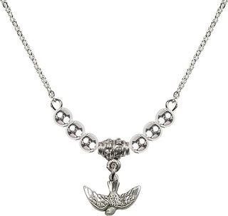 18" Rhodium Plated Necklace with 4mm Sterling Silver Beads featuring a Sterling Silver Holy Spirit Medal.