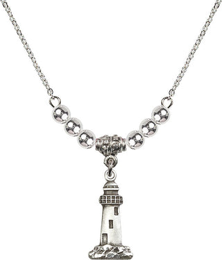 18" Rhodium Plated Necklace with 4mm Sterling Silver Beads featuring a Sterling Silver Lighthouse Medal.