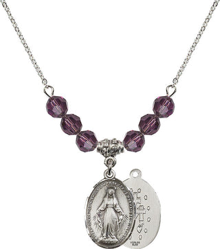 18" Rhodium Plated Necklace with 4mm Amethyst Crystal Beads featuring a Sterling Silver Miraculous Medal.