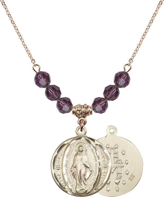 18" Hamilton Gold Plated Necklace with 4mm Amethyst Crystal Beads featuring a 14kt Gold Filled Miraculous Medal.