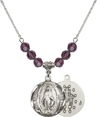18" Rhodium Plated Necklace with 4mm Amethyst Crystal Beads featuring a Sterling Silver Miraculous Medal.