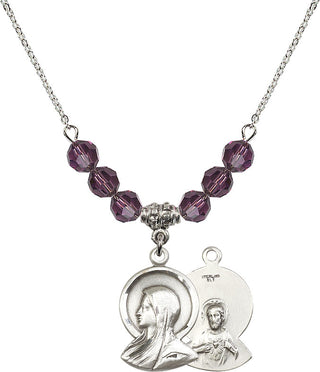 18" Rhodium Plated Necklace with 4mm Amethyst Crystal Beads featuring a Sterling Silver Madonna Medal.