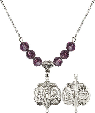 18" Rhodium Plated Necklace with 4mm Amethyst Crystal Beads featuring a Sterling Silver Novena Medal.