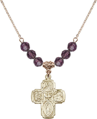 18" Hamilton Gold Plated Necklace with 4mm Amethyst Crystal Beads featuring a 14kt Gold Filled 5-Way Medal.