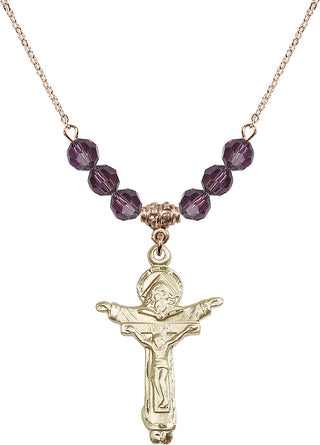 18" Hamilton Gold Plated Necklace with 4mm Amethyst Crystal Beads featuring a 14kt Gold Filled Trinity Crucifix Medal.