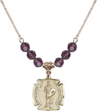 18" Hamilton Gold Plated Necklace with 4mm Amethyst Crystal Beads featuring a 14kt Gold Filled Saint Florian Medal. Engraved Catholic Saint Jewelry