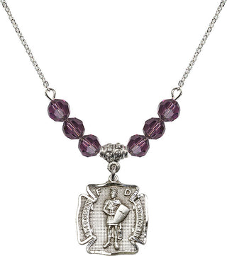 18" Rhodium Plated Necklace with 4mm Amethyst Crystal Beads featuring a Sterling Silver Saint Florian Medal. Engraved Catholic Saint Jewelry