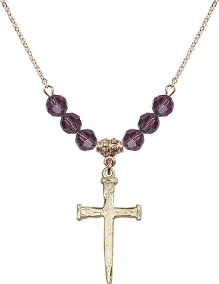18" Hamilton Gold Plated Necklace with 4mm Amethyst Crystal Beads featuring a 14kt Gold Filled Nail Cross Medal.