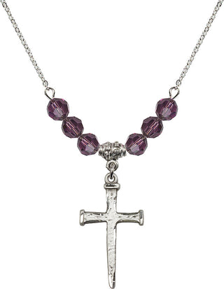 18" Rhodium Plated Necklace with 4mm Amethyst Crystal Beads featuring a Sterling Silver Nail Cross Medal.