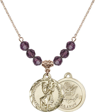 18" Hamilton Gold Plated Necklace with 4mm Amethyst Crystal Beads featuring a 14kt Gold Filled Saint Christopher / Army Medal.