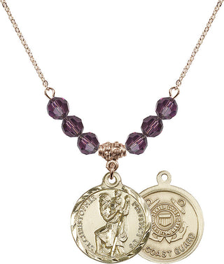 18" Hamilton Gold Plated Necklace with 4mm Amethyst Crystal Beads featuring a 14kt Gold Filled Saint Christopher / Coast Guard Medal.