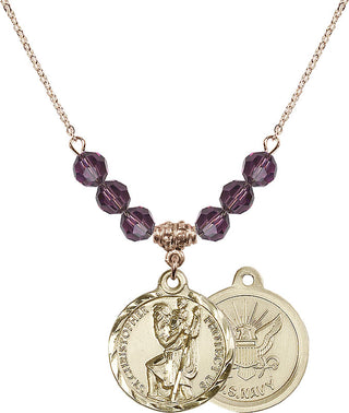 18" Hamilton Gold Plated Necklace with 4mm Amethyst Crystal Beads featuring a 14kt Gold Filled Saint Christopher / Navy Medal.