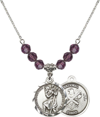 18" Rhodium Plated Necklace with 4mm Amethyst Crystal Beads featuring a Sterling Silver Saint Christopher / Nat'l Guard Medal.