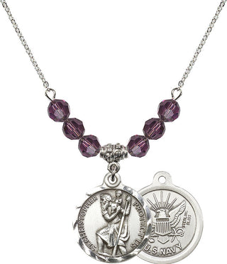 18" Rhodium Plated Necklace with 4mm Amethyst Crystal Beads featuring a Sterling Silver Saint Christopher / Navy Medal.