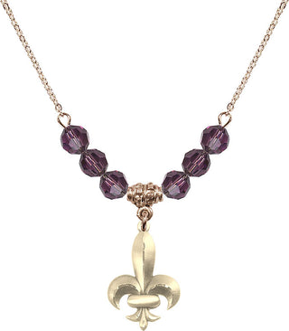 18" Hamilton Gold Plated Necklace with 4mm Amethyst Crystal Beads featuring a 14kt Gold Filled Fleur de Lis Medal.