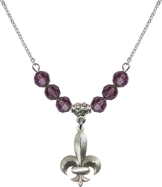 18" Rhodium Plated Necklace with 4mm Amethyst Crystal Beads featuring a Sterling Silver Fleur de Lis Medal.