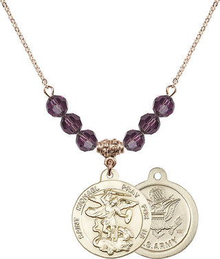 18" Hamilton Gold Plated Necklace with 4mm Amethyst Crystal Beads featuring a 14kt Gold Filled Saint Michael / Army Medal.