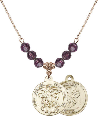 18" Hamilton Gold Plated Necklace with 4mm Amethyst Crystal Beads featuring a 14kt Gold Filled Saint Michael / Nat'l Guard Medal.