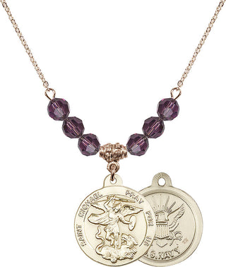 18" Hamilton Gold Plated Necklace with 4mm Amethyst Crystal Beads featuring a 14kt Gold Filled Saint Michael / Navy Medal.