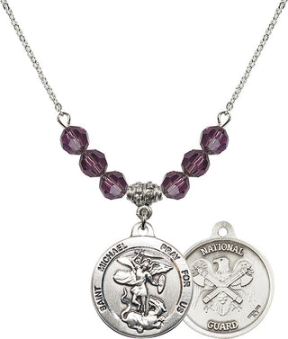 18" Rhodium Plated Necklace with 4mm Amethyst Crystal Beads featuring a Sterling Silver Saint Michael / Nat'l Guard Medal.