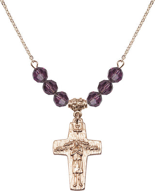 18" Hamilton Gold Plated Necklace with 4mm Amethyst Crystal Beads featuring a 14kt Gold Filled Papal Crucifix Medal.