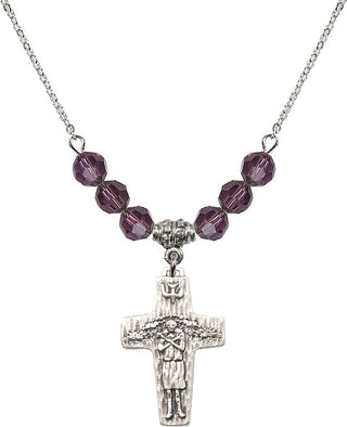 18" Rhodium Plated Necklace with 4mm Amethyst Crystal Beads featuring a Sterling Silver Papal Crucifix Medal.